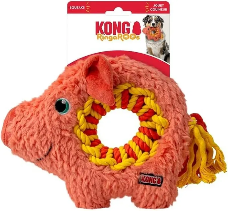KONG Medium Ringaroos Pig Dog Toy in Pink