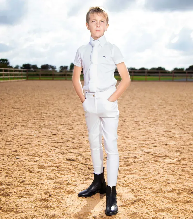 Premier Equine Boys Derby Competition Riding Breeches in White-1